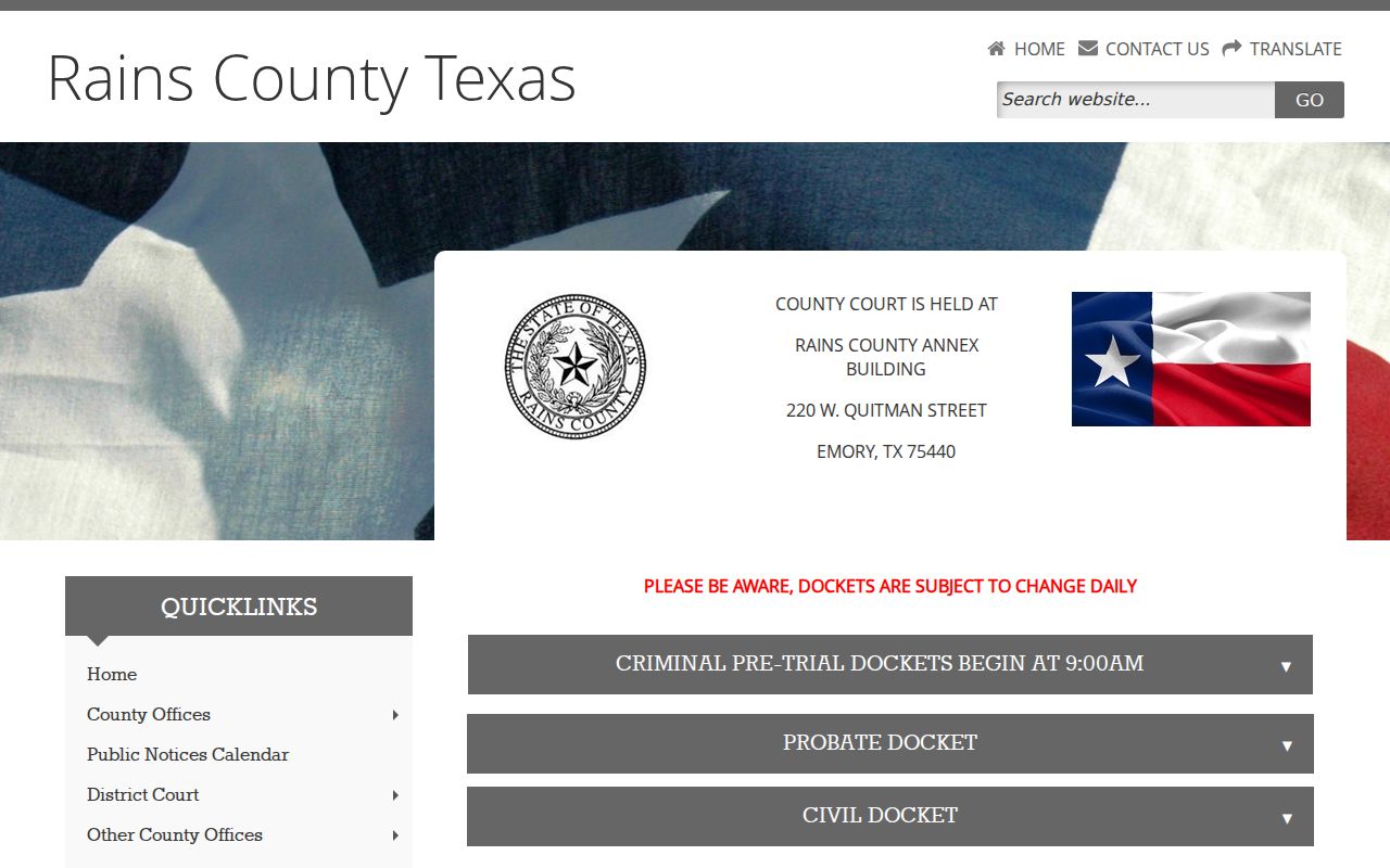 Rains County criminal court docket lookup page